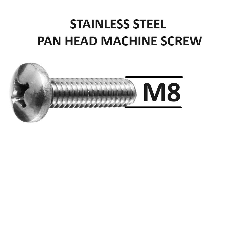 8mm Diameter Pan Head Metal Thread Screws Stainless Steel Grade 316 Select Length